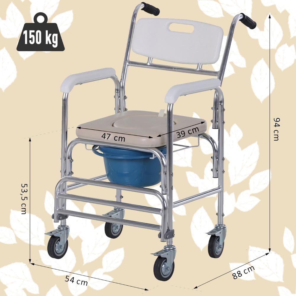 BAKAJI Silla de ruedas impermeable con inodoro y asiento de piel sintética con 4 ruedas y freno, maceta extraíble con reposabrazos cómodos, asiento con inodoro y respaldo para pacientes, ancianos