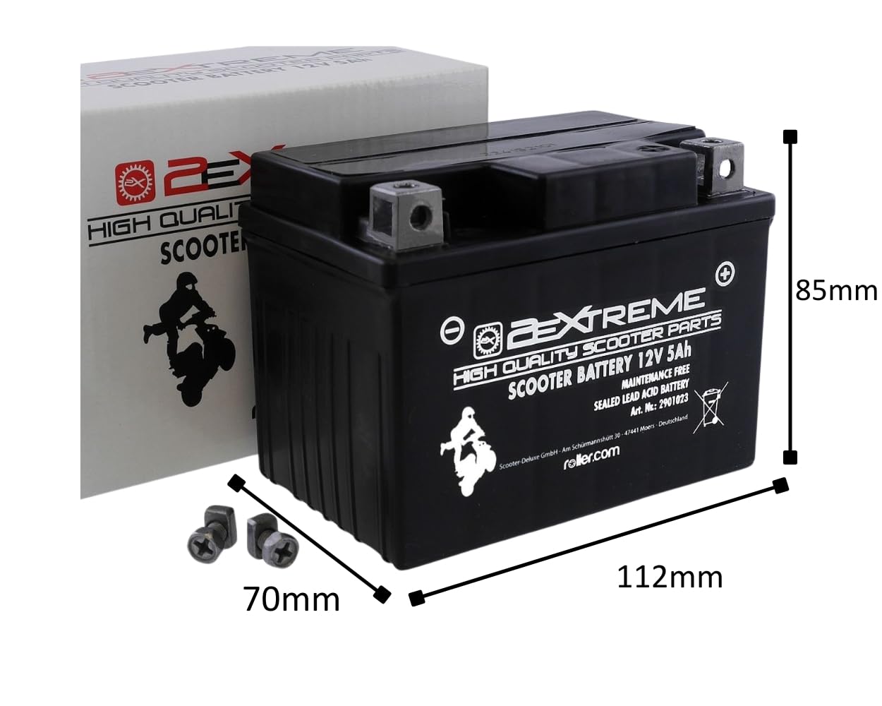 2EXTREME Batterie 12V 5Ah SLA4L-BS – wartungsfreie vorgeladene Rollerbatterie – kompatibel für PIAGGIO NRG, Sfera, TPH, ZIP, Vespa ET2 ET4, Derbi Boulevard 50ccm