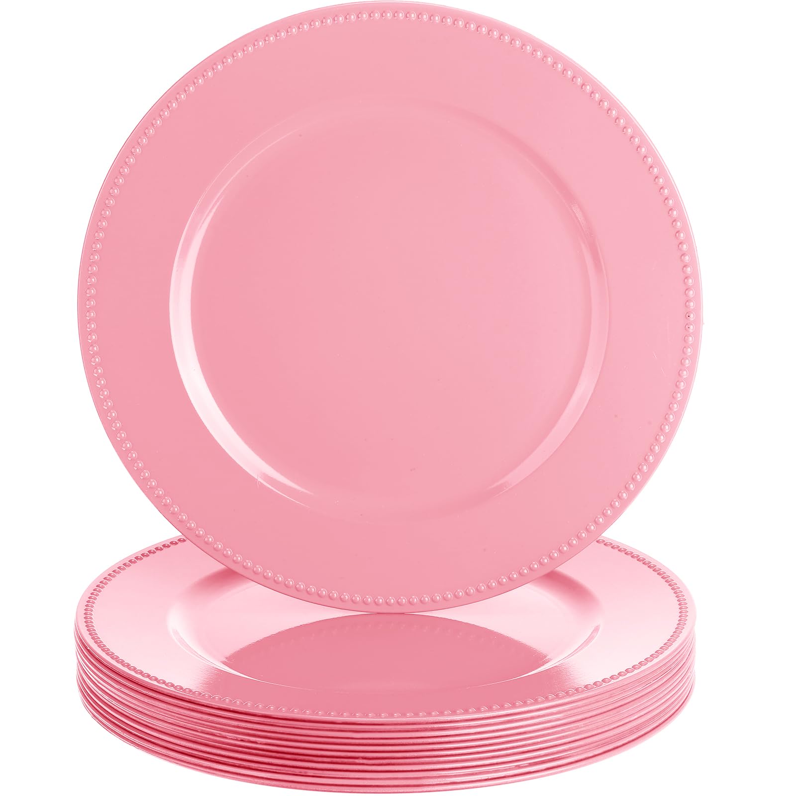 Gerrii 12 Pcs Metallic Bead Charger Plates 13 Inch Plastic Round Charger Plates Bulk Wedding Beaded Chargers for Dinner Plates, Table Party Event Decoration(Pink)