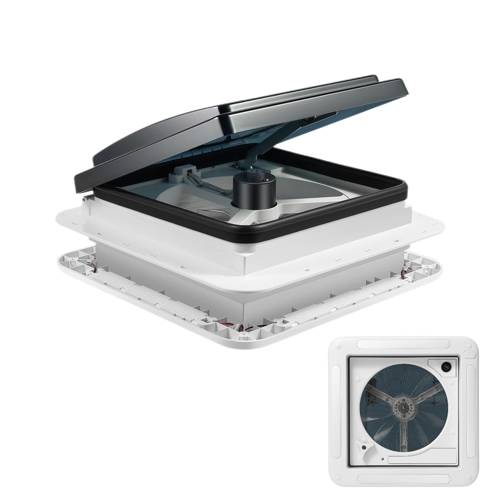 Ventilateur de Toit Caravane, 12V Ventilateur d'extraction Réversible, pour Camping-Car 28 x 28 cm Lucarne, avec 4 LEDs et Grille Anti-Insectes, Ventilation De Toit De Lucarne, Silencieux