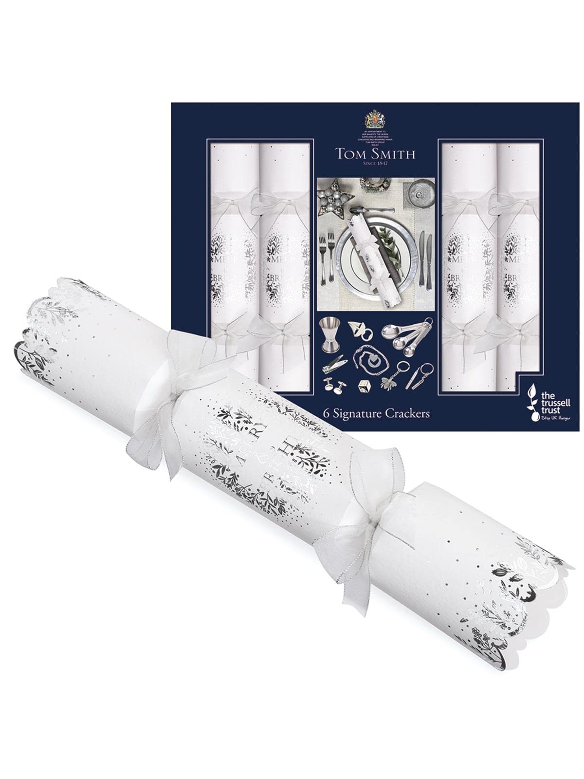 Tom Smith White/Silver Pack 6 Signature & 'Merry & Bright' Charity Christmas Crackers 33Cm