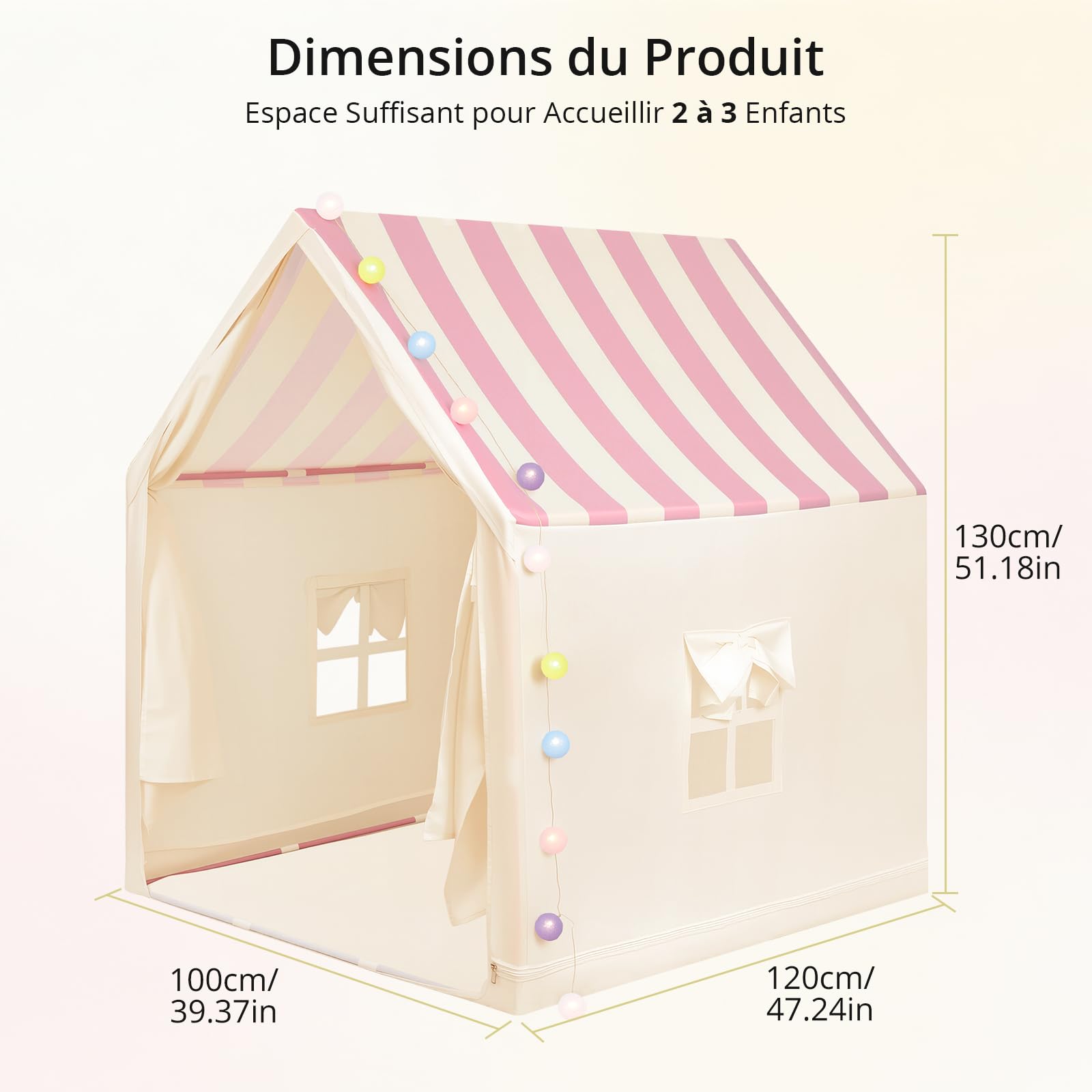 Anbte Tente de Jeu pour Enfants, Rayure Rose, pour Tout-Petits dès 3 Ans | Spacieuse et Portable, Montage Facile, Maison de Jeu Filles et Garçons Intérieur et Extérieur, avec Lumière
