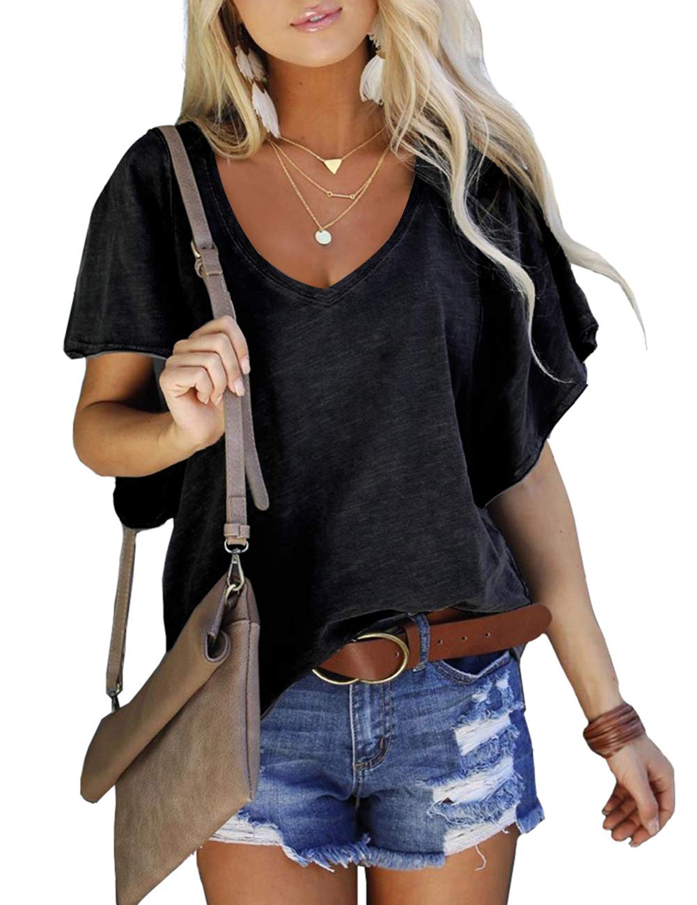 Women V Neck T Shirt Casual Tops Plain Loose Fitting Lightweight Tops Black M