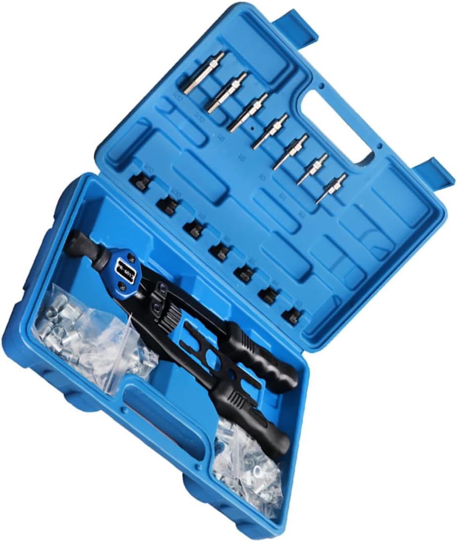 140pcs Manual Riveter Setter Kit with M3- Threaded Rivet Nuts, Portable Hand Riveting Tool Set in Plastic Case for Automotive Repair and Workshop Use