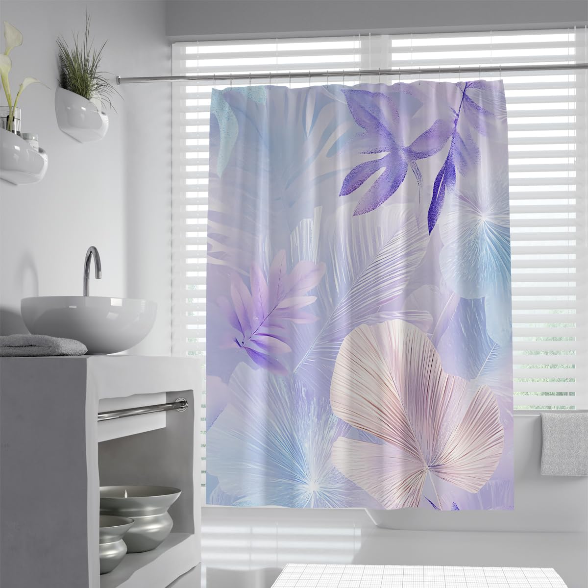 UERWOWELL Purple Tropical Shower Curtain Palm Leaves Bathroom Decoration Pastel Botanical Bath Shower Curtains with Hooks Waterproof Polyester W180xL220 cm