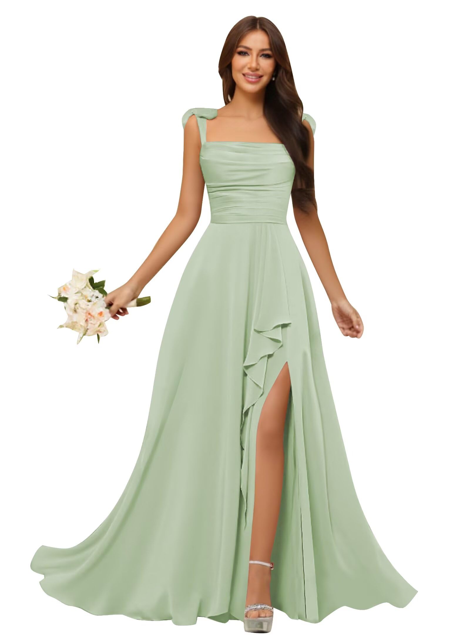 Spaghetti Straps Chiffon Bridesmaid Dresses for Women Long Pleated Formal Evening Prom Party Gown