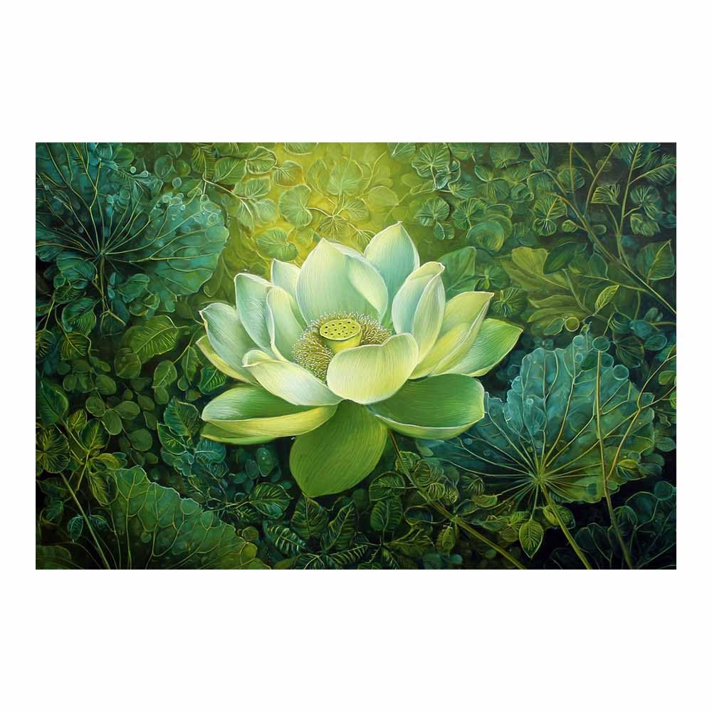 ZAMAEIU Natural Scenery Painting Lotuss hidden among leaves Pictures Artwork, Contemporary Wall Art Large Size, Room Aesthetic Home Decor,Living Room,Bedroom(green)-30x50cm Unframed