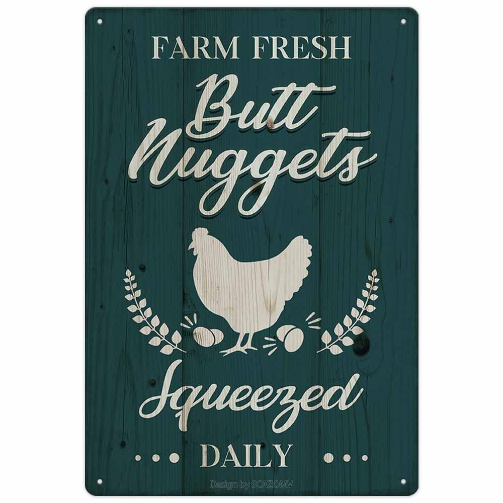 peiyeety Retro Metal Tin Sign 12 X 16 Inches Chicken Coop Tin Sign-Farm Fresh Butt Nuggets, Vintage Hanging Plaque for Egg Market Farm Barn Yard Garden Home Kitchen Bar Wall Decor Hen House Outdoor