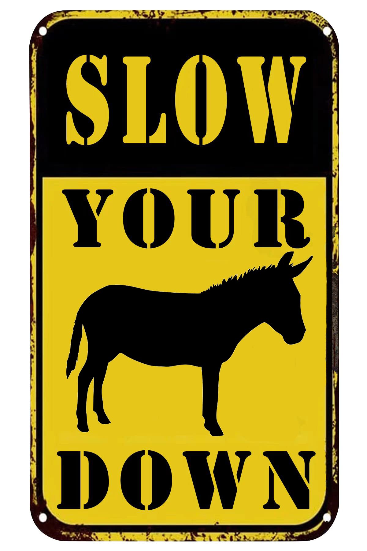 Humorous Speed Reduction Metal Tin Sign, Slow Down Cartoon Donkey Graphic Neighborhood Road Safety Wall Decor, 12x8 Inches Aluminum