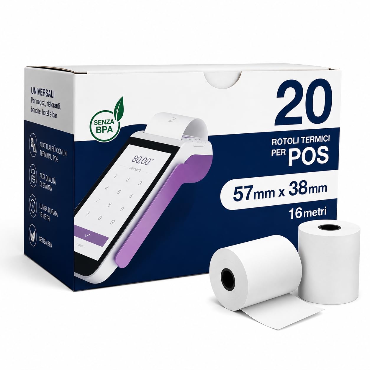 Offerta 20 Rotolini POS 57x38 mm BPA Free, Rotoli POS da 16 Metri, Carta Termica per Scontrini POS Compatibile con Nexi, SumUp, Ingenico, Pax e Axerve, Rotolo POS per Ricevute e Pagamenti