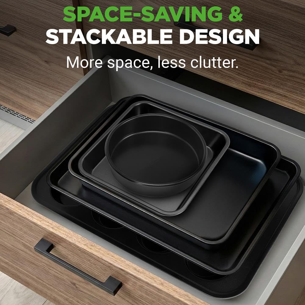 NutriChef Set di 6 Teglie da Forno Antiaderenti in Acciaio al Carbonio, Teglie Forno per Biscotti, Muffin, Torte e Pane, Resistenti ai Graffi, Lavabili in Lavastoviglie, Nero