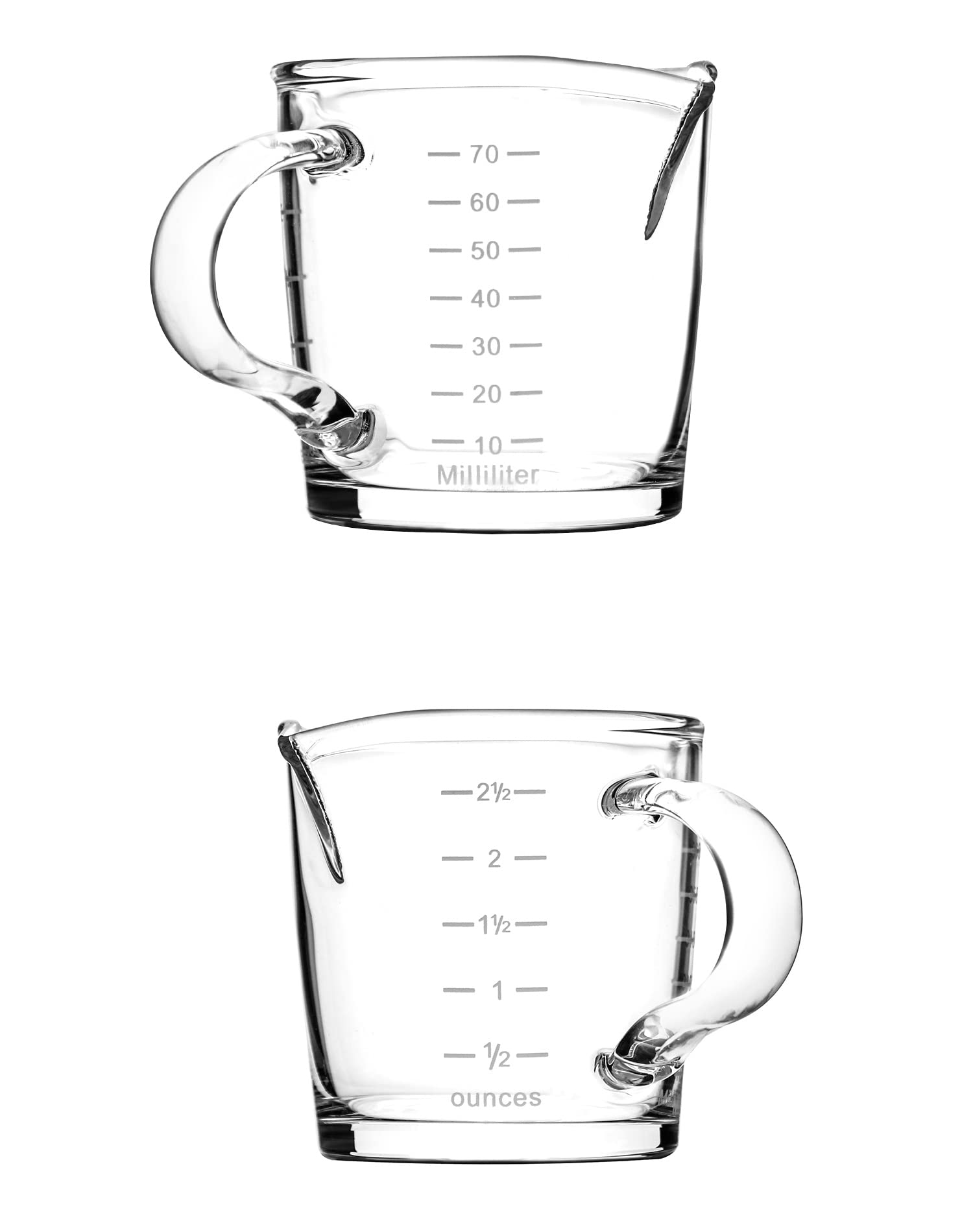 Vaso de chupito espresso con asa, paquete de 2 tazas medidoras de vidrio de doble boquilla de 3 onzas, taza de leche triple con dos escalas (OZ y ML) 2