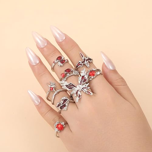 Miniatura 2 de Juego de anillos de nudillos plateados vintage para mujer, anillo de mariposa roja con piedras preciosas rojas, anillo punk gótico de araña, anillos