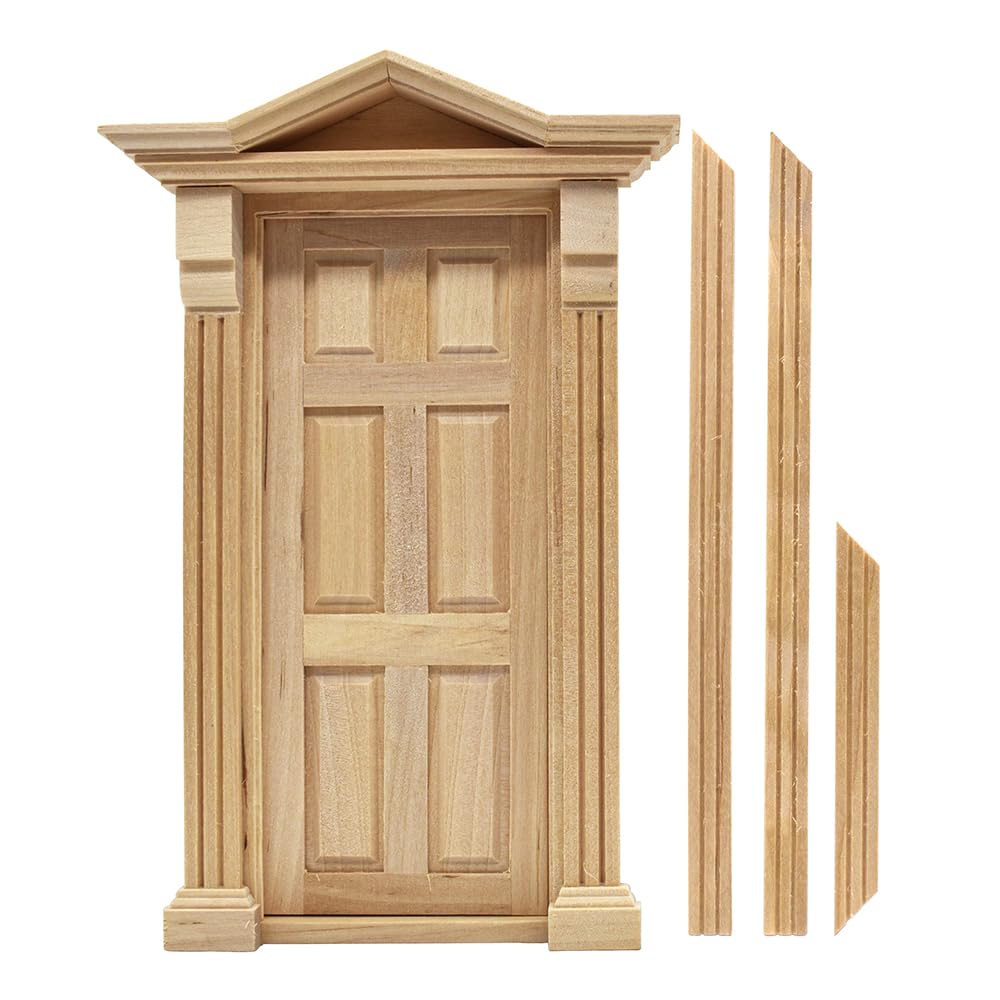 iLAND Classic Wooden Dollhouse Door of 1/12 Scale Accessories, Dollhouse Building Supplies Set of Miniature Door with Trim, Handle & Knocker,