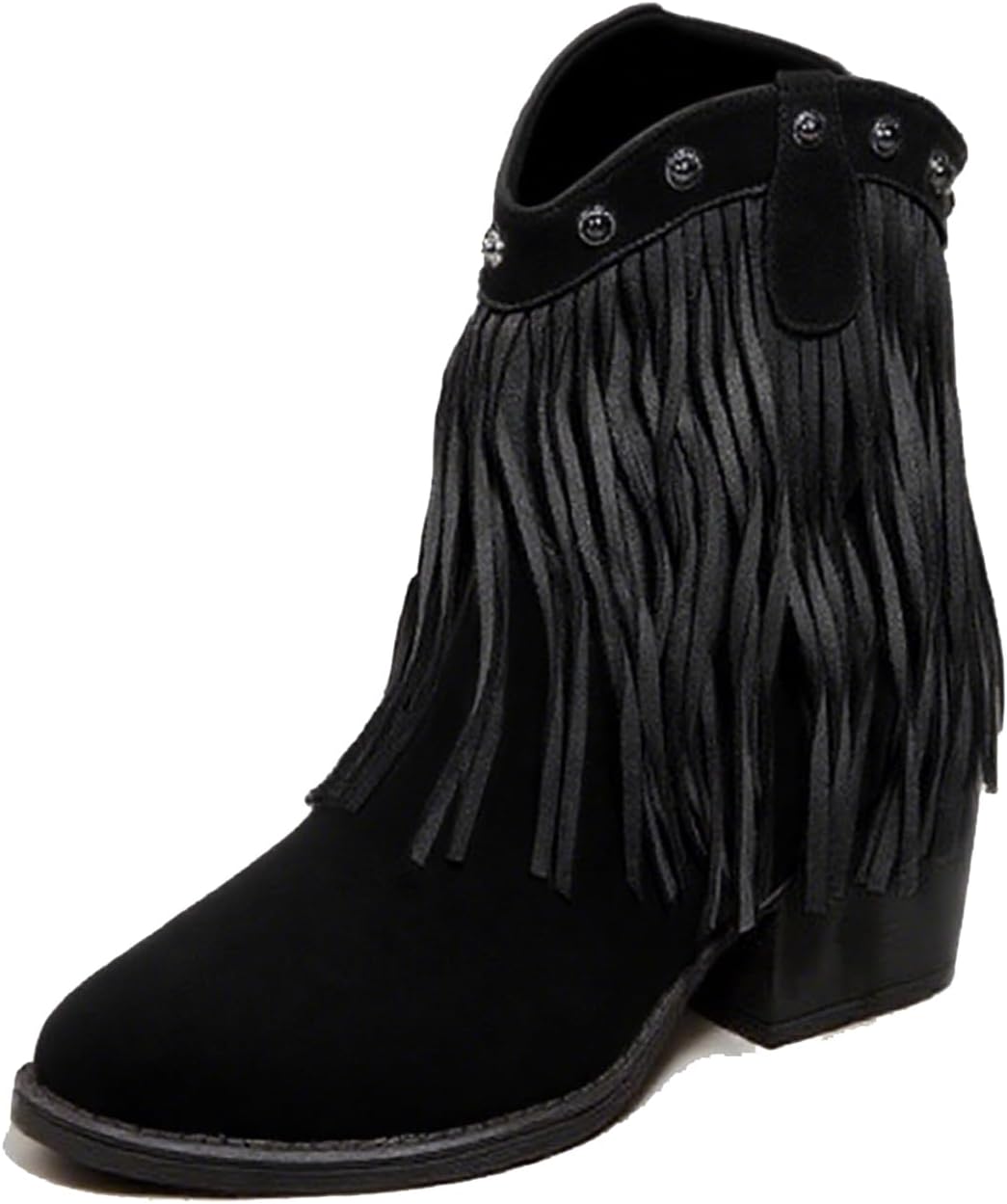 Suede Fringe Western Ankle Boots for Women Retro Fashion Studded Pointed Toe Pull-on Stack Chunky Heel Tassel Cowboy Boots for Country Music Prom Dress Short Booties