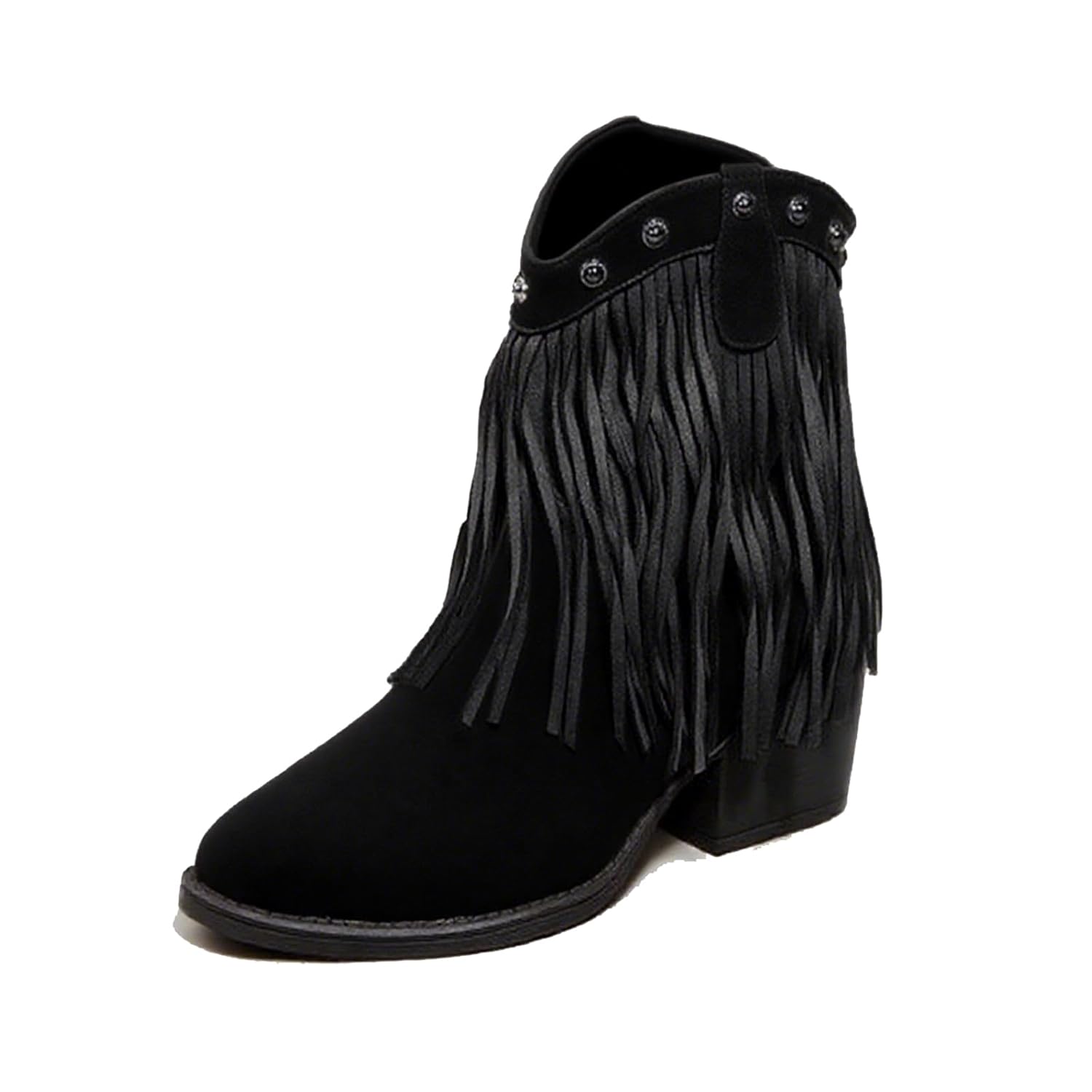 Suede Fringe Western Ankle Boots for Women Retro Fashion Studded Pointed Toe Pull-on Stack Chunky Heel Tassel Cowboy
