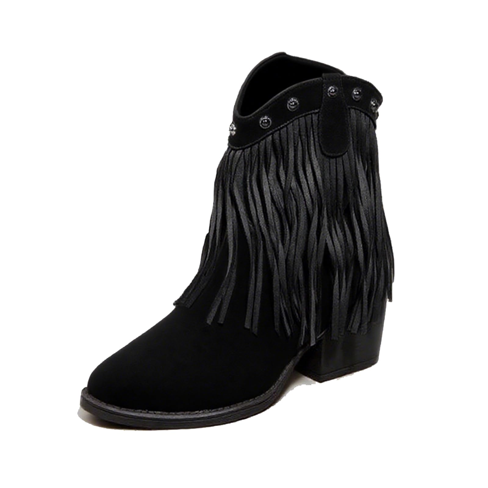 Suede Fringe Western Ankle Boots for Women Retro Fashion Studded Pointed Toe Pull-on Stack Chunky Heel Tassel Cowboy