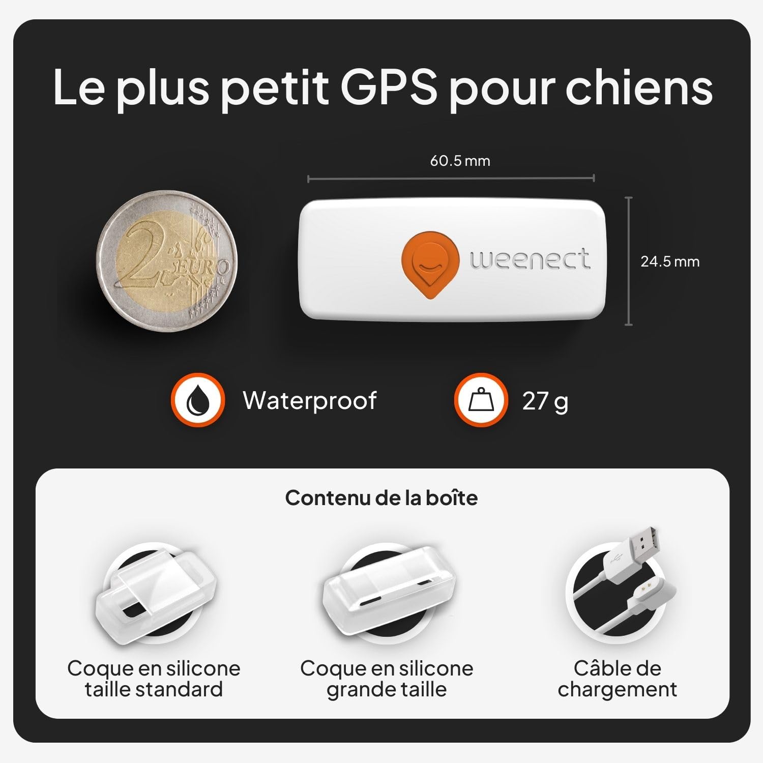 Weenect Chien XS - Mini Traceur GPS pour Chien | Suivi en Temps réel | Etanche | Plus Petit modèle du marché | Fonctionne avec abonnement | Garantie à Vie