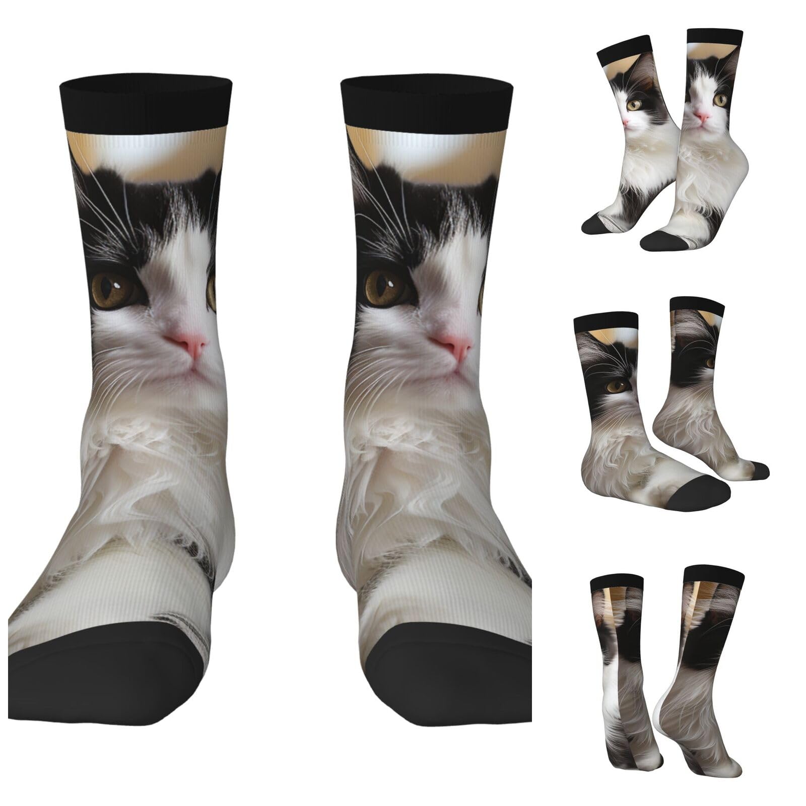 LZQPOEAS White and black kitten sitting Athletic Socks Unisex Cushioned Crew Socks Hiking Running Calf Sock Soft Above Ankle Sock
