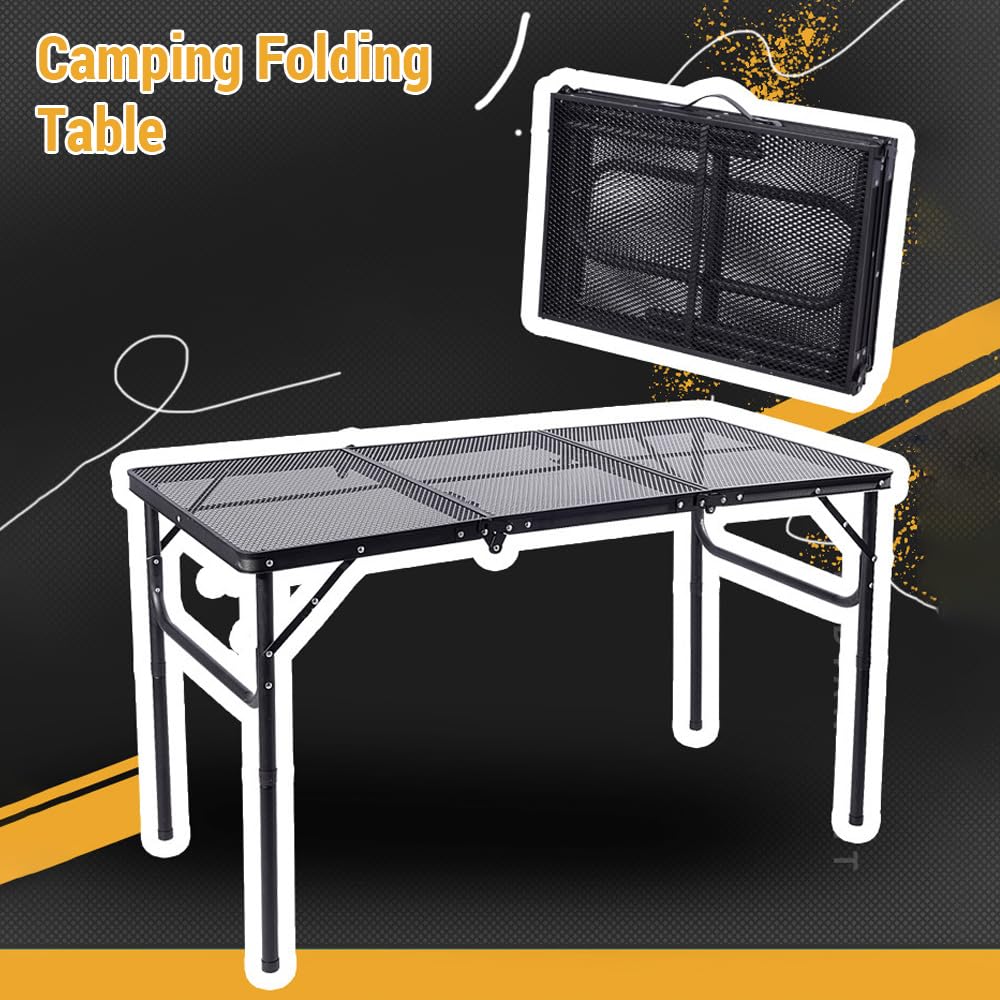 Sxhlseller Mesa de Camping Portátil de Tres Pliegues Mesa Plegable para Exteriores con Asa de Transporte de Ajustable para Viajar, Asar Aleación de Aluminio/Hierro (Plegable con Bolsa de Malla