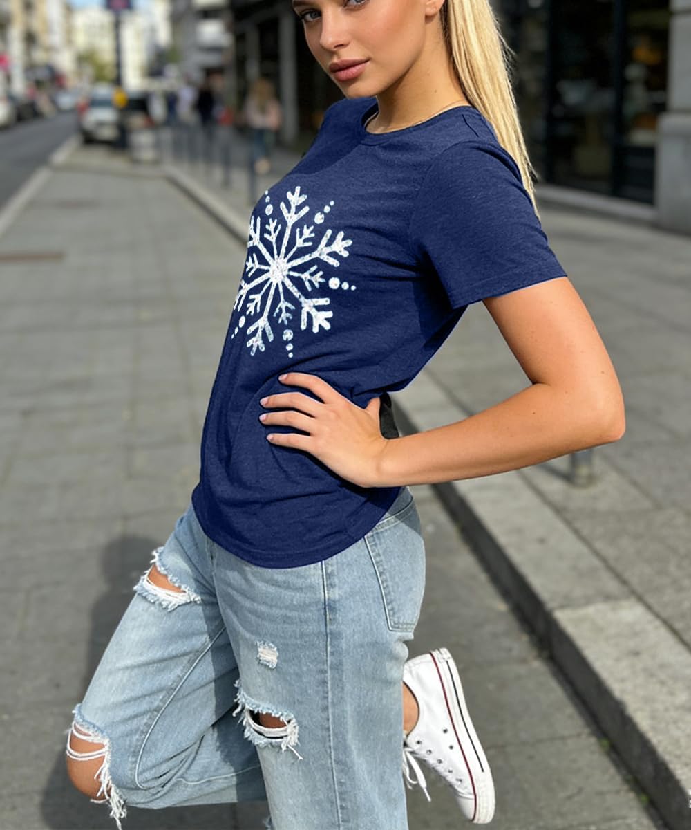 Christmas Shirts for Women Cute Snowflake Graphic Shirts Short Sleeve Funny Print Tee - Image 4