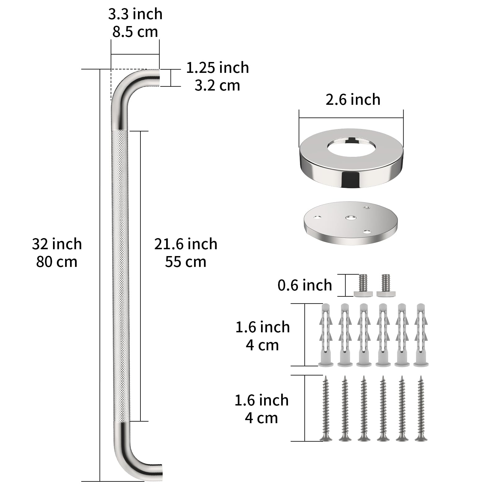 Zuext - Set di 2 maniglie antiscivolo per doccia, in acciaio INOX cromato, zigrinato per bilanciamento del bagno, supporto di sicurezza per guida per disabili anziani (3,2 cm di diametro)