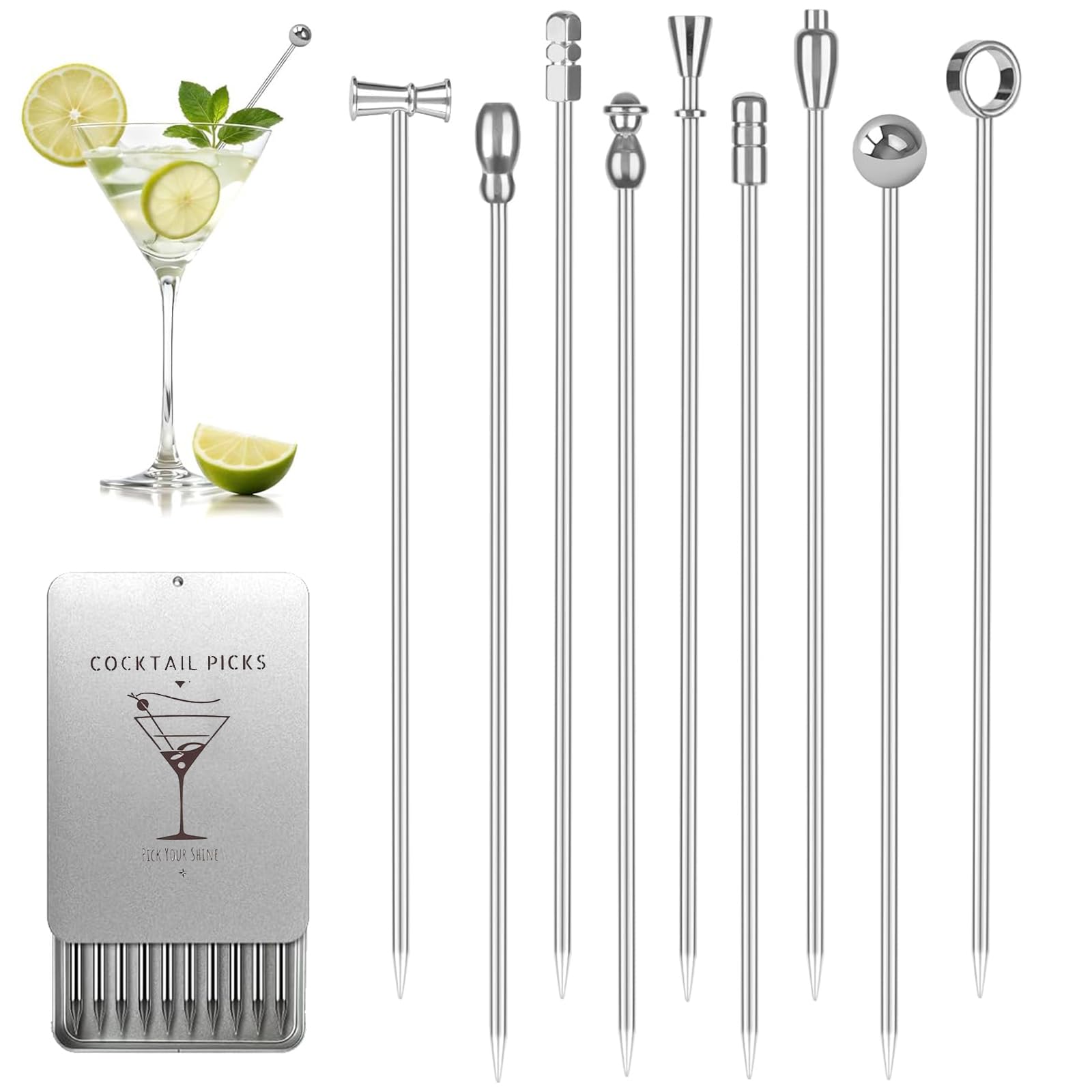 SANTUO 18PCS Cocktail Sticks 304 Stainless Steel Cocktail Stirrers, Martini Olive Picks, Cocktail Accessories for Bar Fruit Skewers