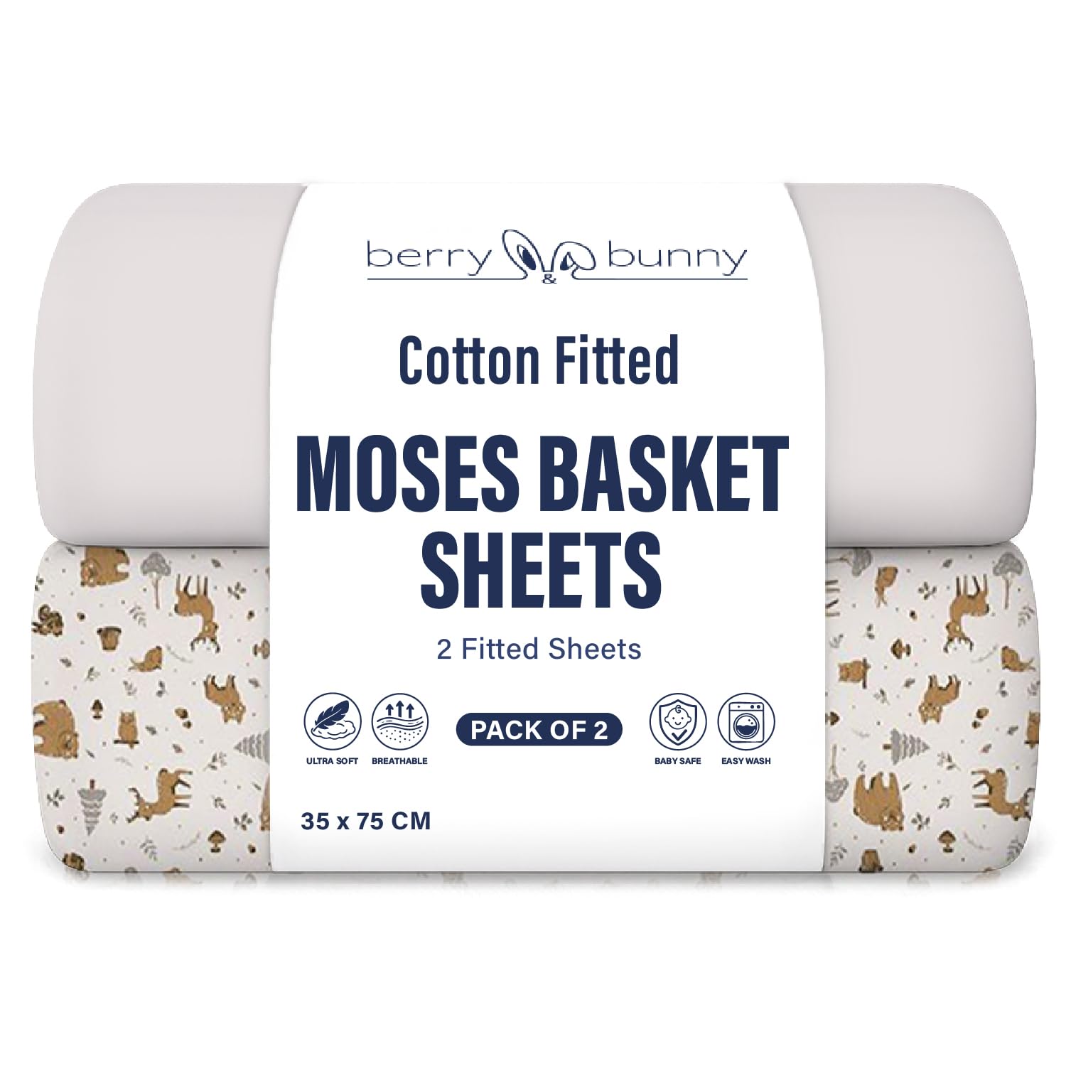 Berry and Bunny 100% Cotton Moses Basket Sheets Pack of 2, Soft Breathable Elasticated Baby Fitted Sheets, 35 x 75 cm, Deep Fit Mattress protector, Baby Bedding All Seasons — image 1