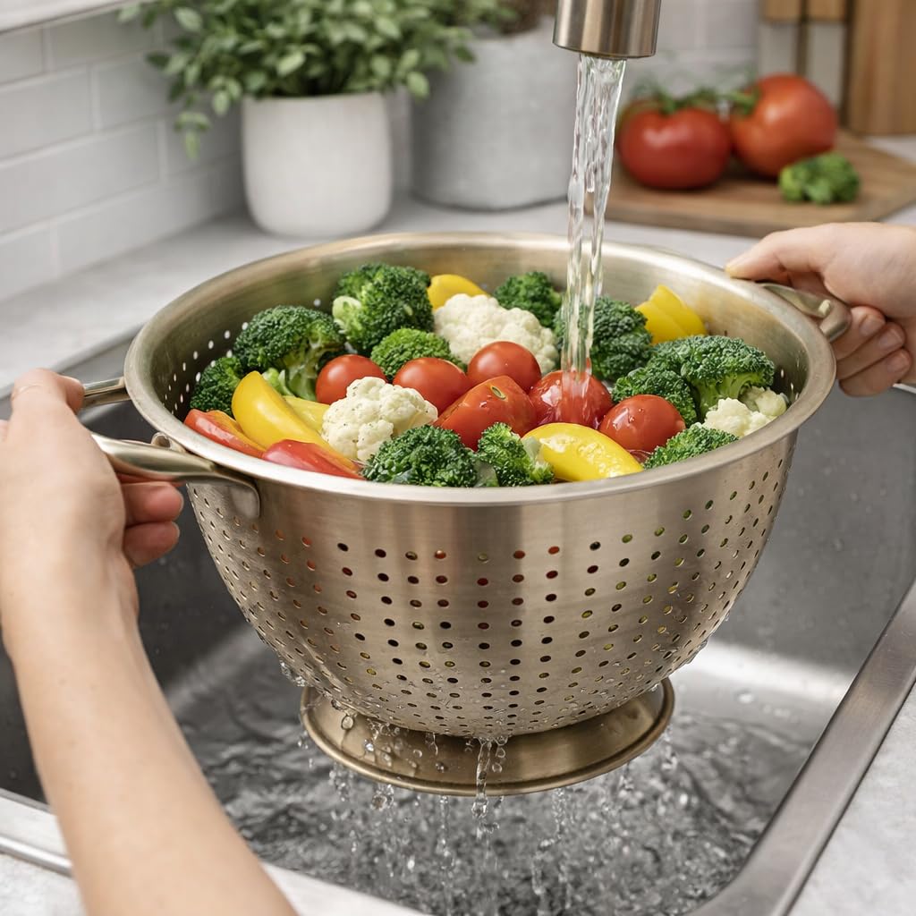 MGE - Colino da Cucina in Acciaio Inox Dorato con Manici e Base - Scolapasta per Pasta, Riso e Verdure - Colino Professionale per Cucina - Versatile Per Quinoa, Cereali, Riso, Verdura E Pasta - 24 cm