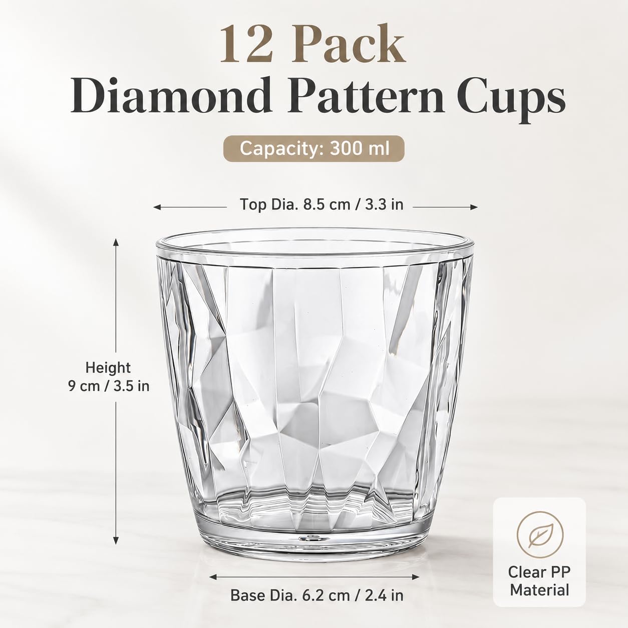 Lot de 12 gobelets en plastique transparent de 300 ml, réutilisables avec motif diamant, gobelets légers pour fête, pique-nique, camping, jardin, jus et boissons froides