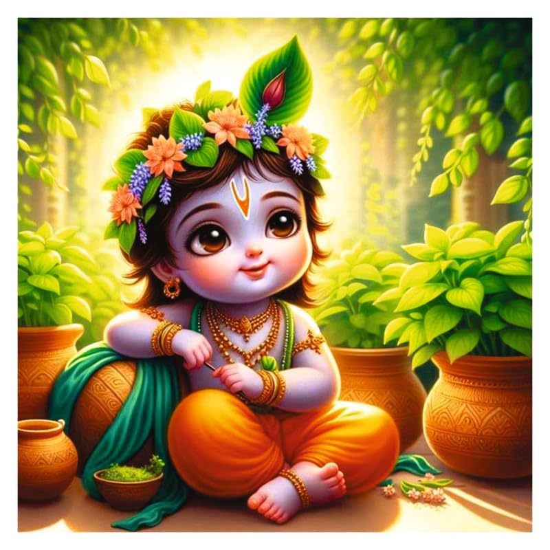 Image of British Terminal Cute little Bal Gopal Baby God Krishna| Kanha Ji | Laddu Lord Makhan Chor Painting Religious Poster for Pregnant Women for wall (matt thin vinyl,sticker,multicolor,unframed)| bj92