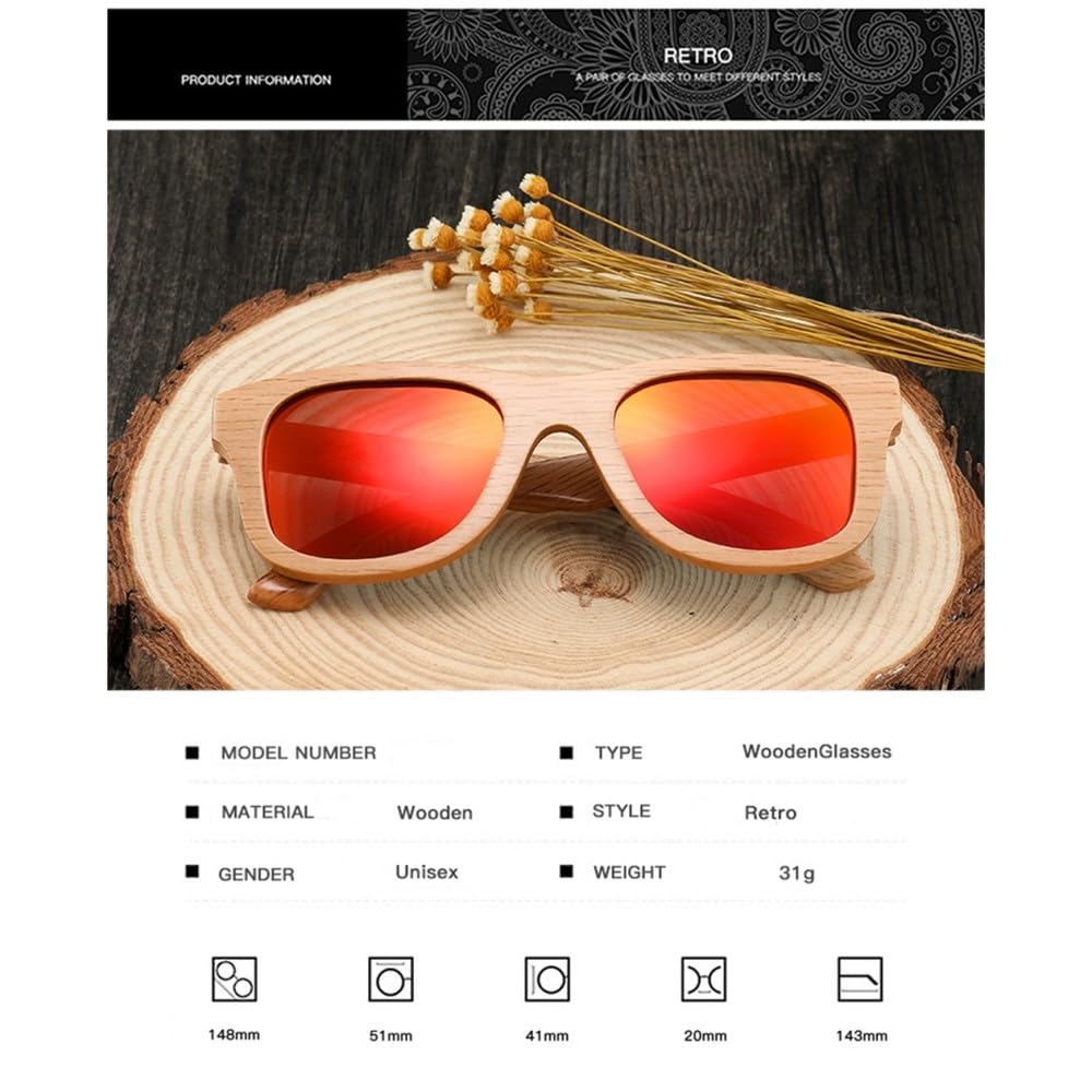 Gafas de sol vintage de madera y bambú para hombre y mujer, polarizadas, con estuche, UV400, diseño retro.