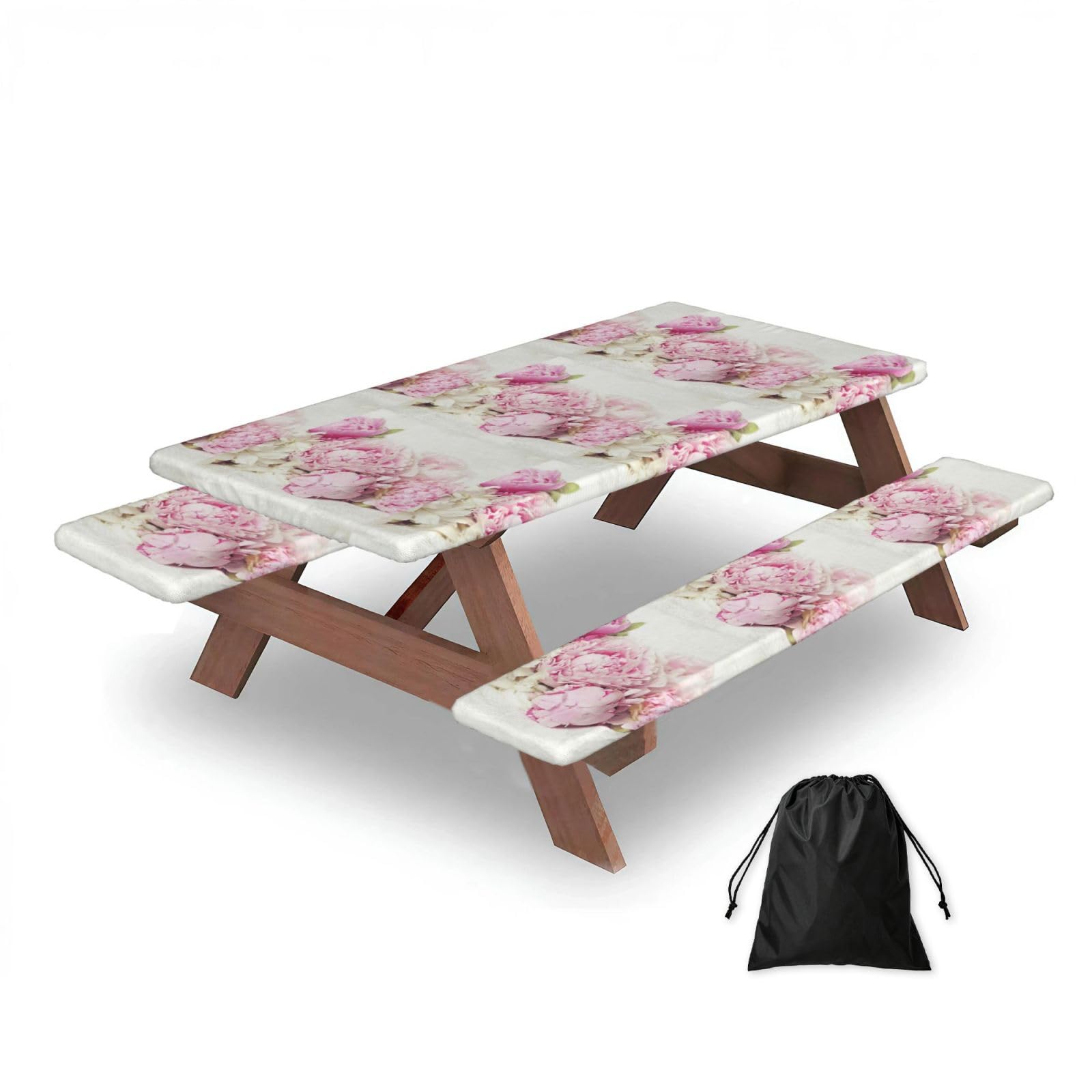 Dopklna As Picture Peonies On White, Picnic Table Cover With Bench Covers -Waterproof Elastic Fitted Tablecloth For Garden Camping Patio 76X152cm