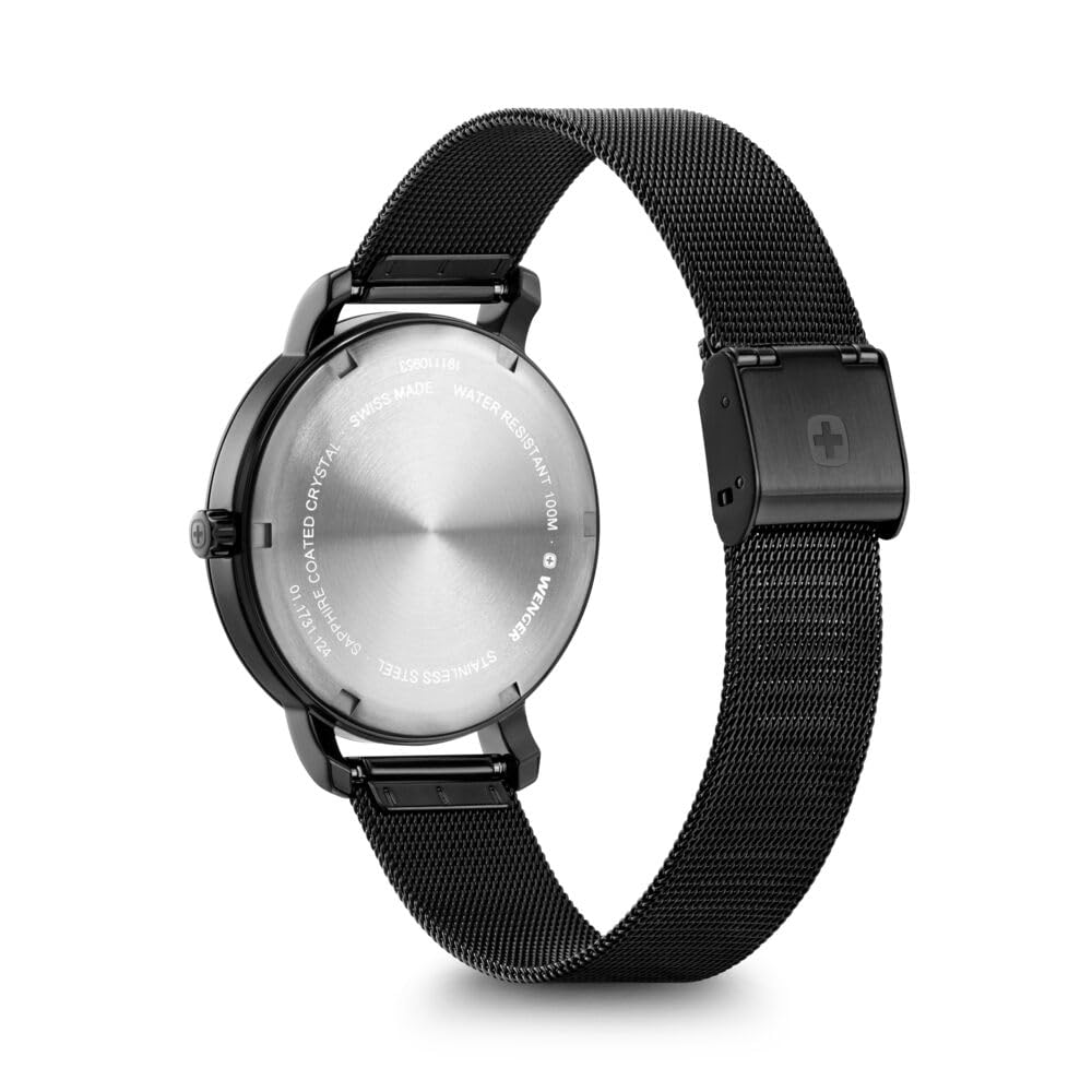 WENGER Damen Armbanduhr Metropolitan Donnissima Ø 38mm, Swiss Made, Analog Quarz, Wasserdicht bis 100m, Mesh-Armband, Schwarz, 01.1731.124