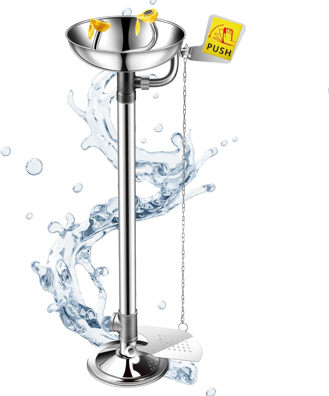 Yaocom Eye Wash Station Stand up Emergency Pedestal Mounted Eyewash Station Adjustable Water Flow Hands Free Operation Stainless Steel Floor Mount Eyewash with Dual Spray Head and Pedal(Silver)