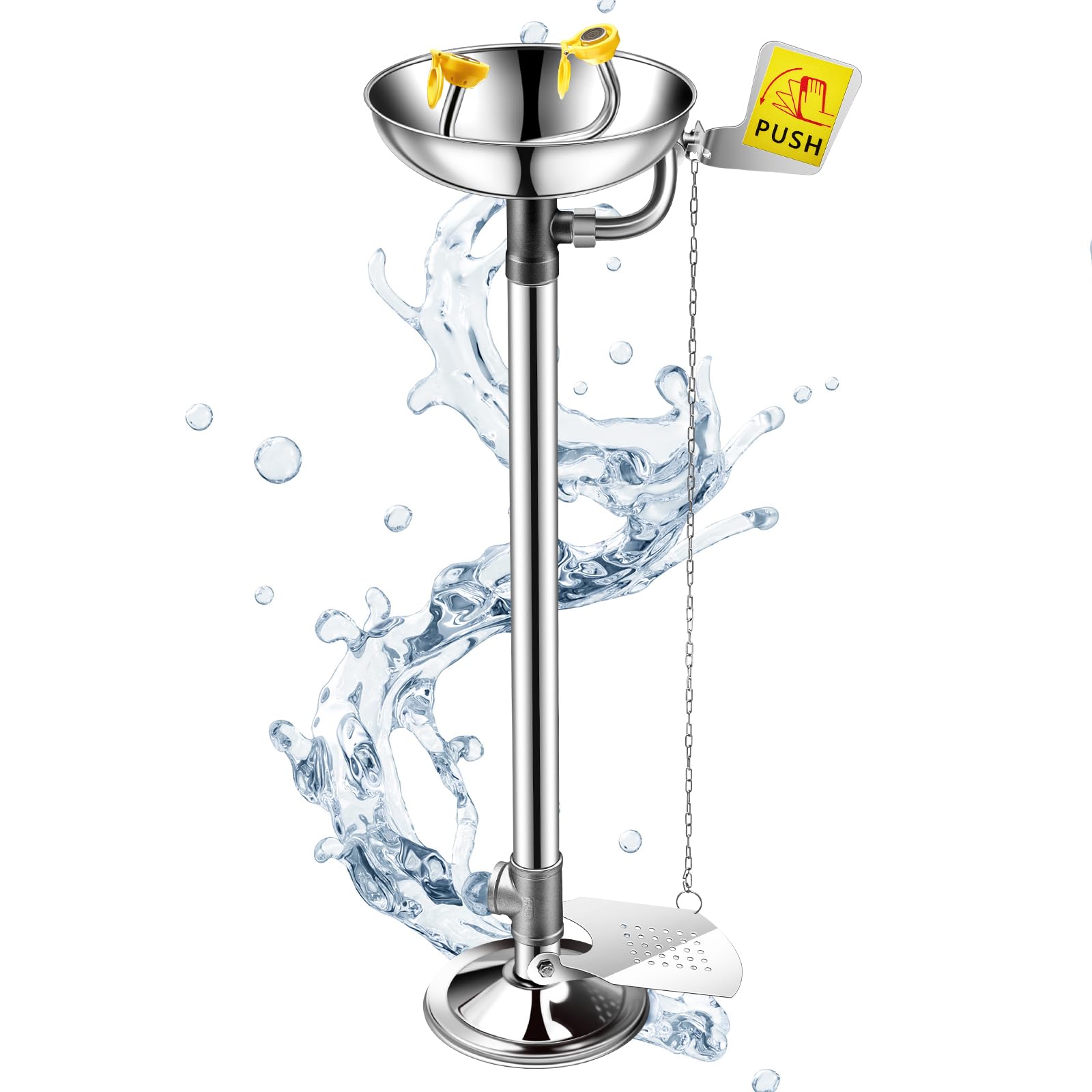 Eye Wash Station Pedestal Mounted Eyewash Station Adjustable Water Flow Hands Free Operation Eye Wash Units Stainless Steel Eye Washing Station with Dual Spray Heads and Pedal