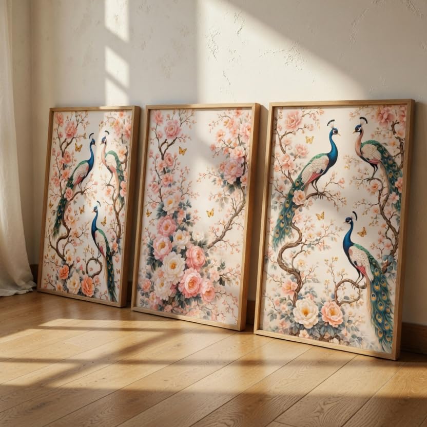 Image of Livin'luxe Peacock Floral Wall Painting Set of 3 with Wooden color Frames | Elegant Bird & Blossom Artwork HD Sparkle Laminated Wall Decor | Botanical Peacock Wall Art for Living Room Bedroom Hallway