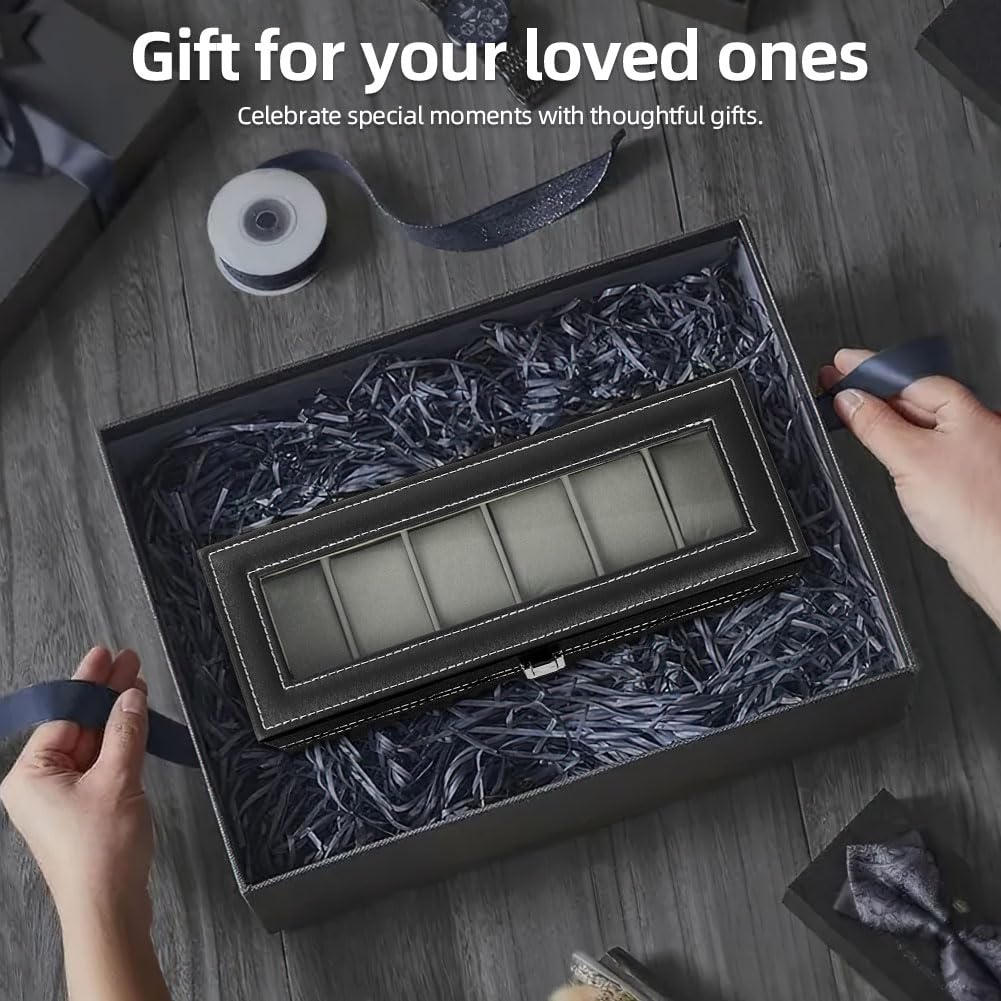 OFFCUP Caja de Relojes con 6 Compartimentos, Piel, Tapa de Cristal y Cojín Extraíble, Regalo para Hombres y Mujeres (Negra)