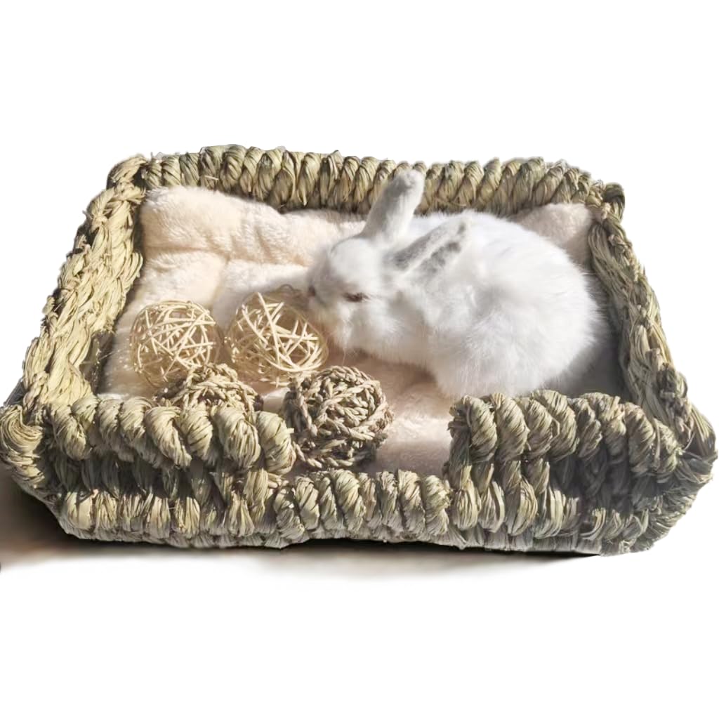 KitKni Natural Seaweed Pet Bed with Plush Cushion, 4 Woven Balls, Handmade Tetragonal Pet Basket, Cozy Indoor Den for Rabbits, Cats and Small Dogs