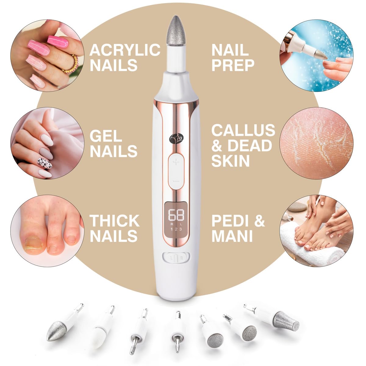 Rio The Beauty Specialist profesjonalna elektryczna frezarka do paznokci, bezprzewodowa frezarka do paznokci, 7 wymiennych głowic, 3 prędkości, dwukierunkowe pilniki, cyfrowy wyświetlacz i światło LED