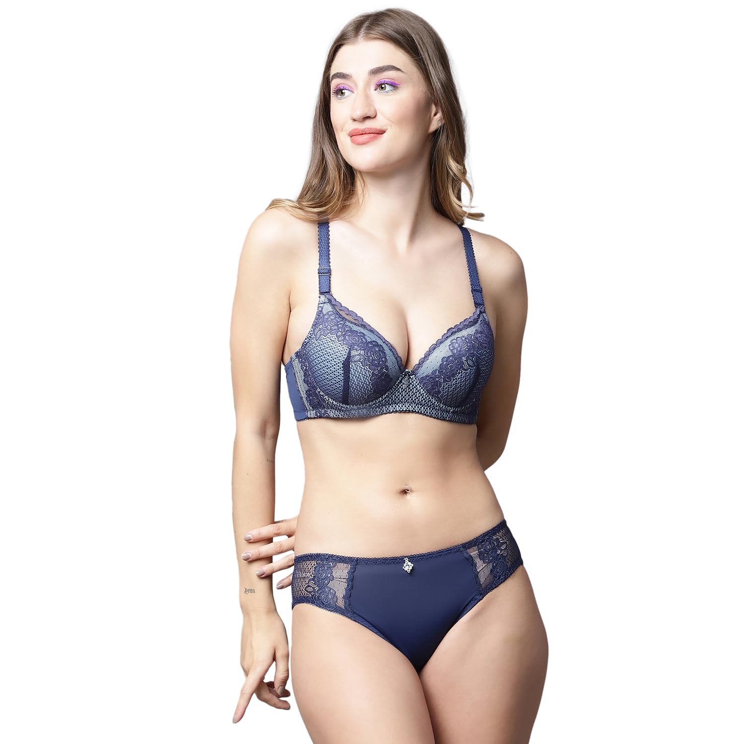 quttos PrettyCat Lightly Padded Underwired Full Cup Floral Lace Multiway Bra with Matching Panty Set-picture-21