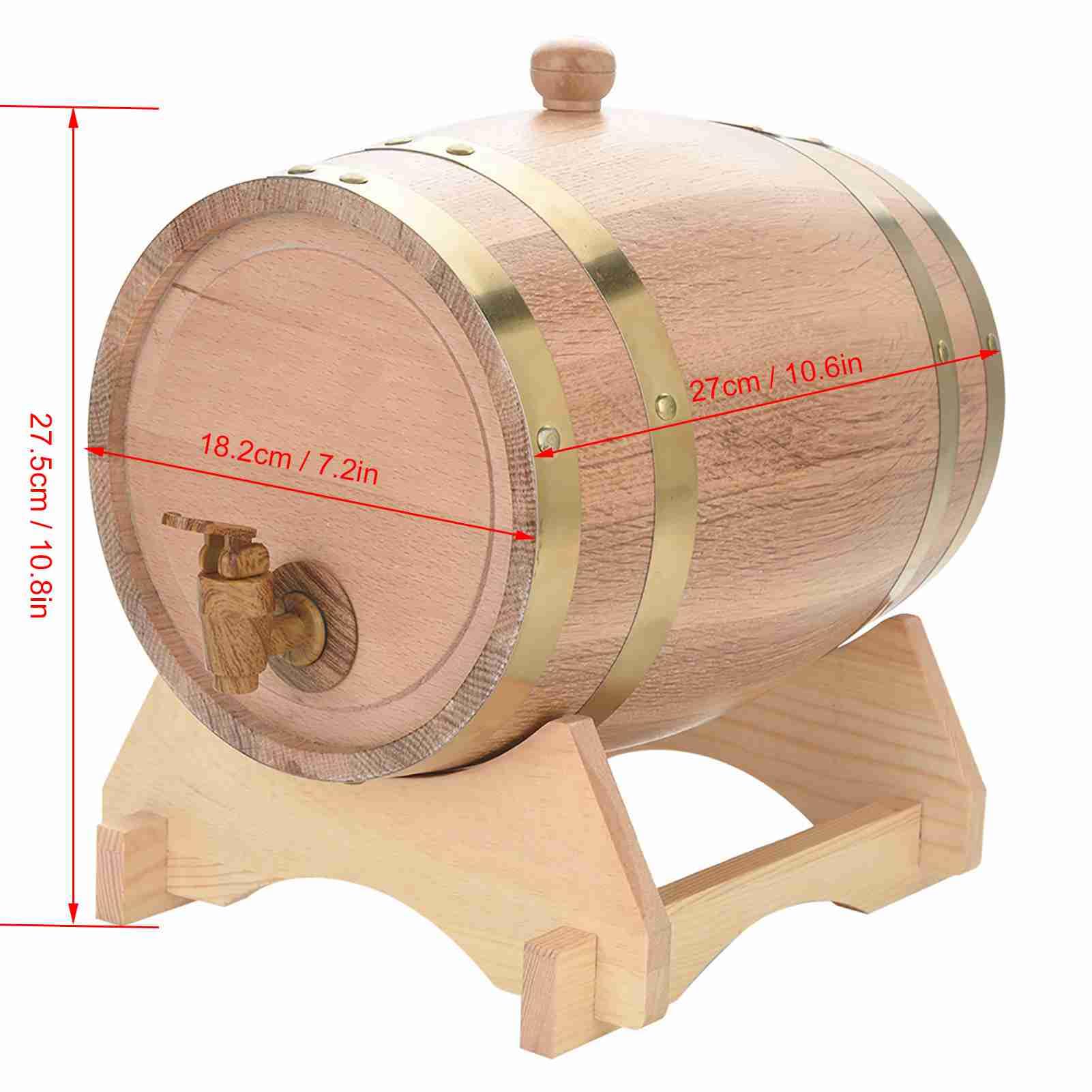 Vino in legno di quercia vintage, rovere artigianale per birra, whisky, rum, porto, capacità 1,5 l 3 l 5 l 10 l con rubinetto e supporto in plastica, testato a pressione per (aceto)