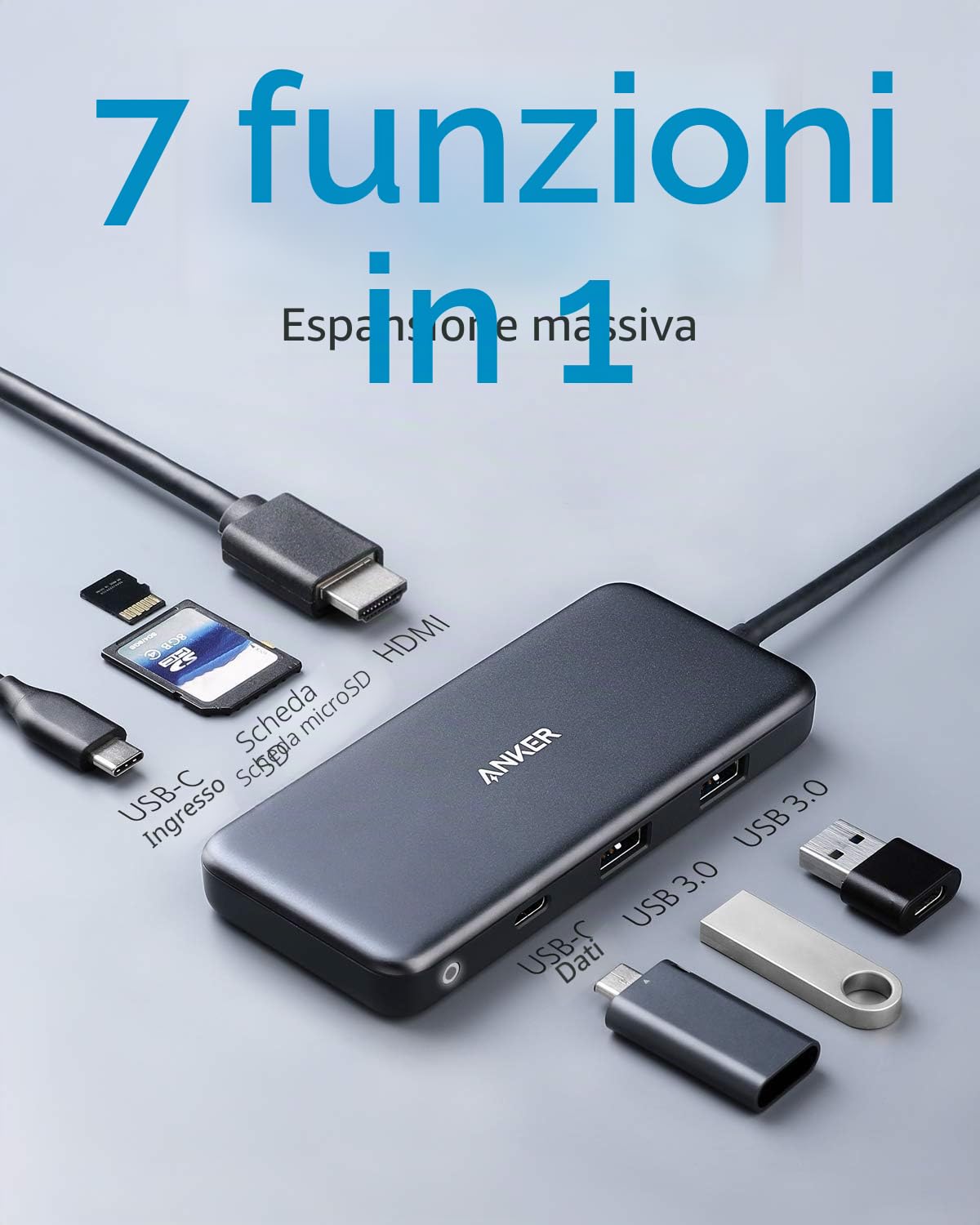 Anker Hub USB-C Premium 7 in 1, Potenza 100W, Porta Dati USB-C | USB C, 4K USB C a HDMI, Card Reader MicroSD/SD, 2 Porte USB 3.0, per MacBook Pro 2016/2017/2018, iPad Pro 2018, Chromebook.