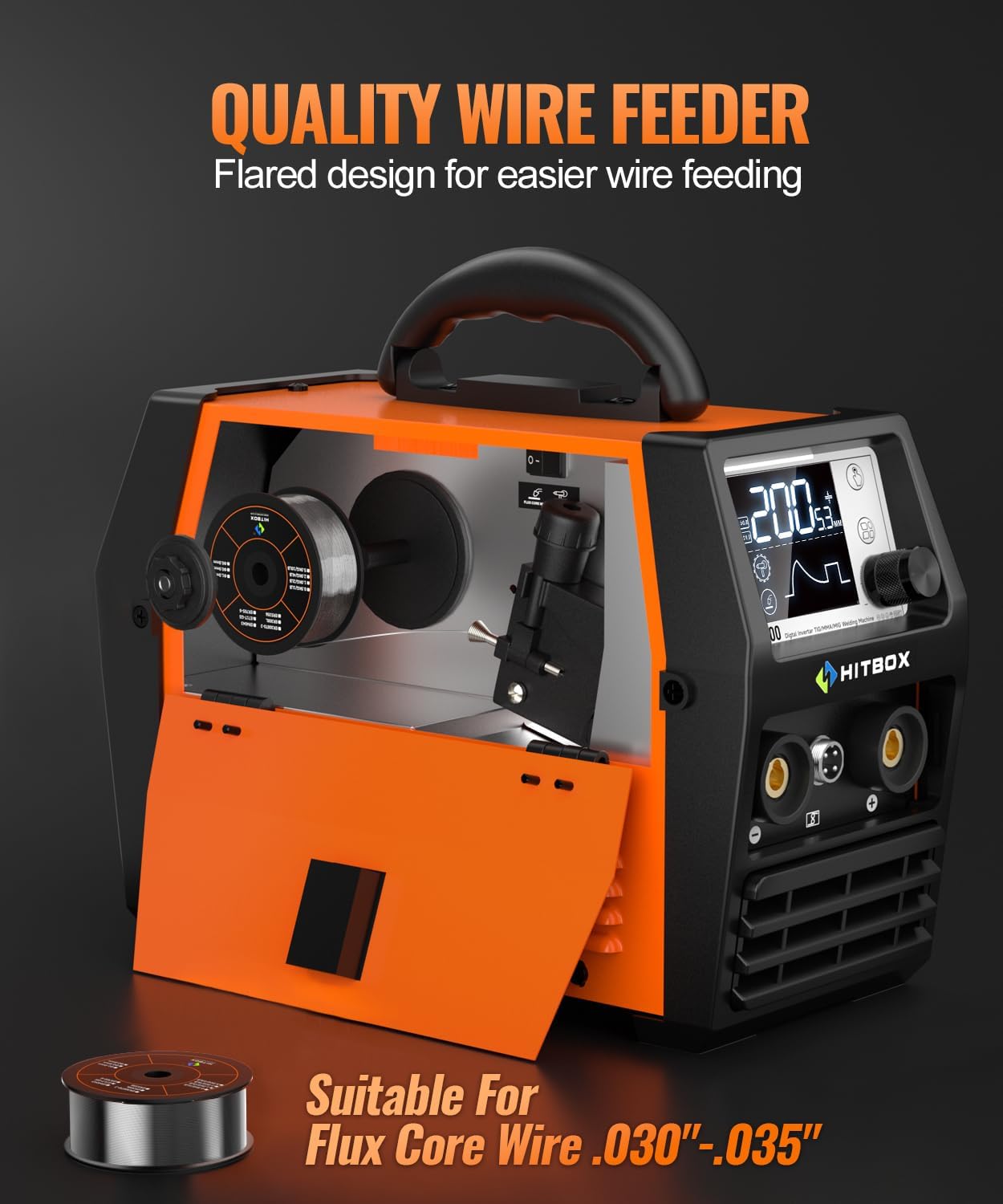Internal view of the HITBOX HIM200 welder showing the wire feeder mechanism and a spool of flux core wire.