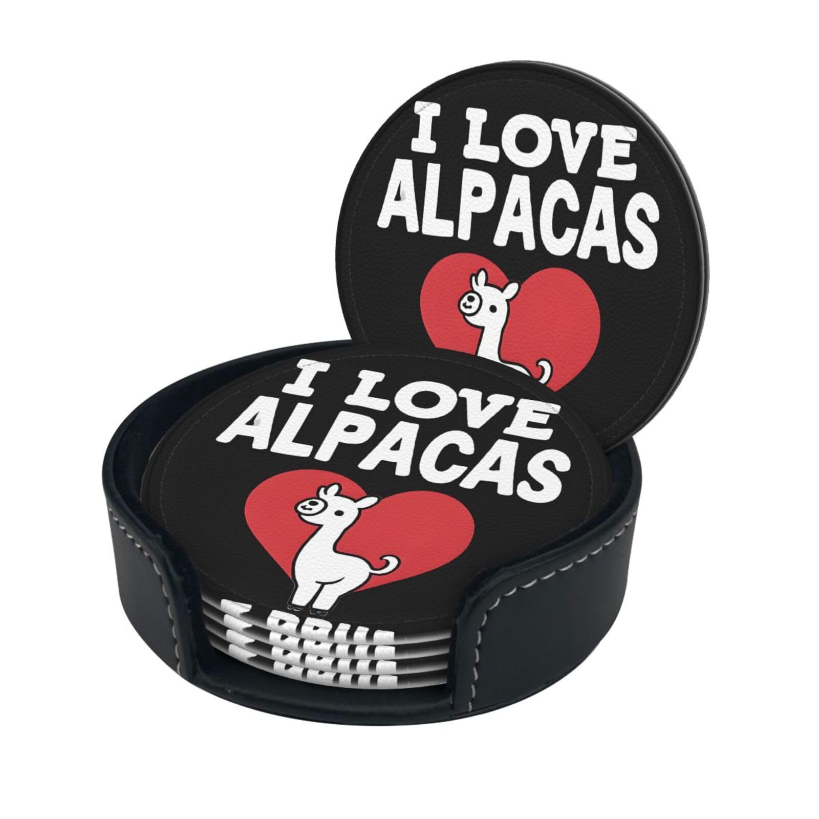 I Love Alpacas Print Coaster,Round Leather Coasters with Storage Box for Wine Mugs,Cold Drinks and Cups Tabletop Protection (6 Piece)