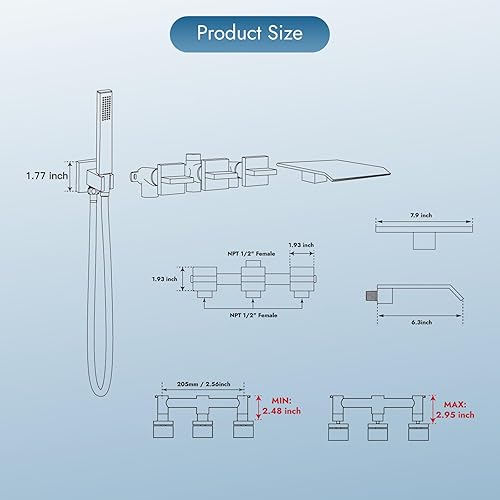 Miniatura 5 de Grifo de bañera de 5 agujeros y 3 manijas montado en la pared con rociador de mano de alto flujo de níquel cepillado grifo de bañera con relleno de
