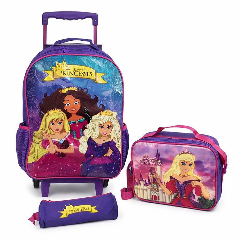 Kit Mochila Infantil Escolar Princesas Roxa com Rodinhas 3 Peças – Mochila 15L, Lancheira Térmica e Estojo | Resistente e Espaçosa