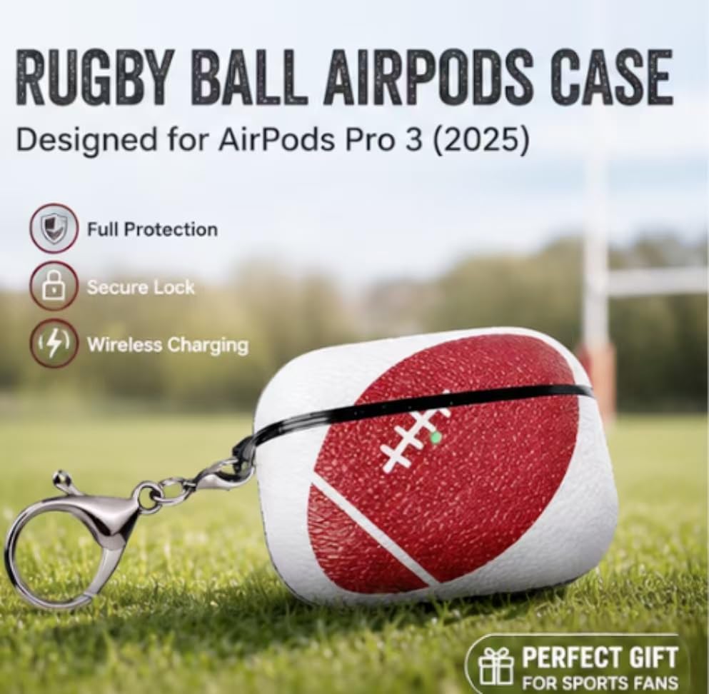 Image of Rugby Ball Case Compatible with AirPods Pro 3 (2025), Sports-Inspired Protective Cover with Keychain, Fun Football Style Accessories for Sports Fans, Supports Wireless Charging