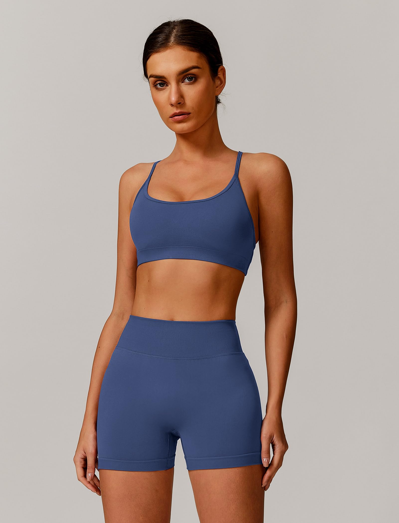 IMEKIS Conjunto de gimnasio de 2 piezas para mujer, traje deportivo Crossback con cintura alta, pantalones cortos de yoga, fitness, ropa deportiva, entrenamiento, jogging y pilates