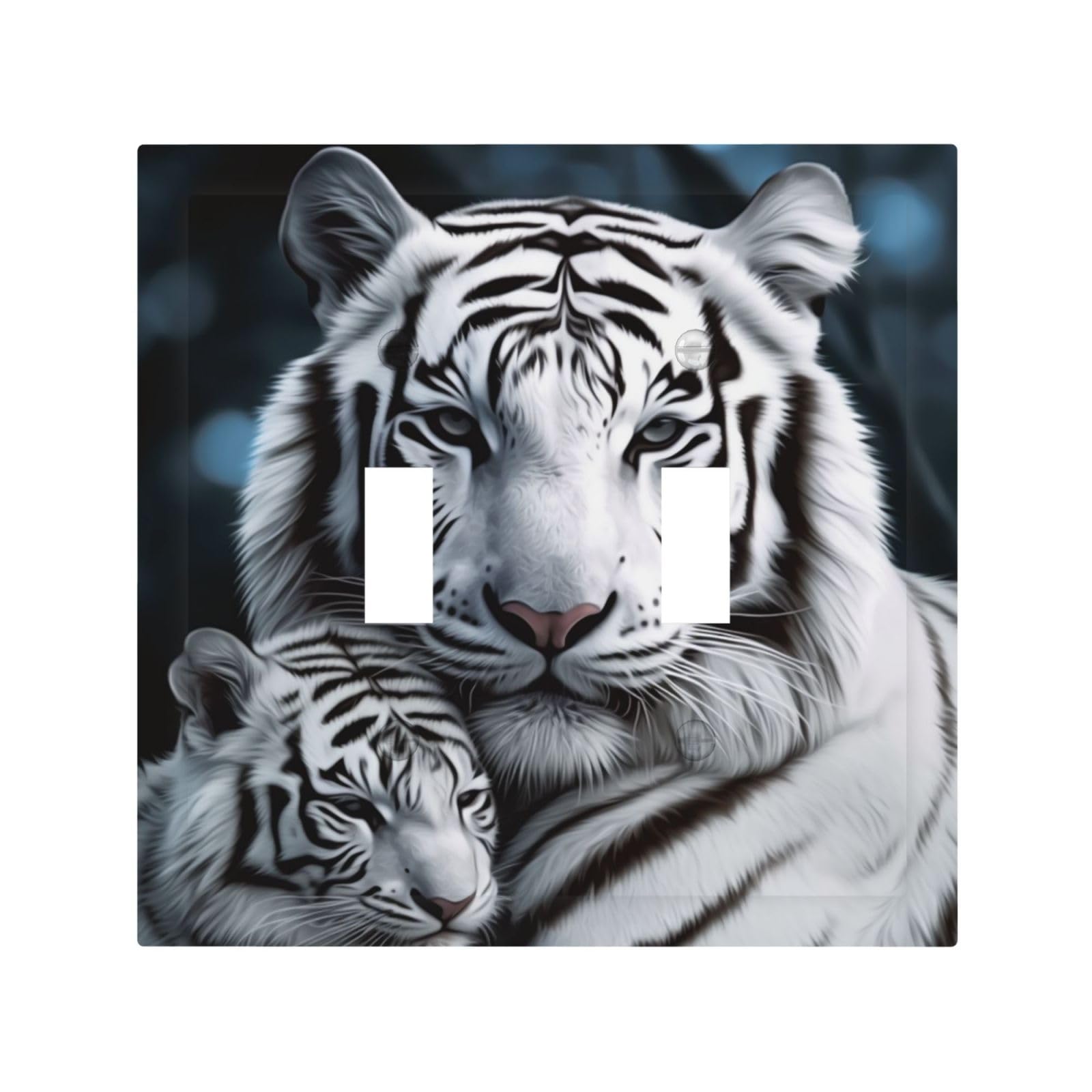 Kloph White Decorator Double Toggle Light Switch Covers Tiger Wall Plate 2-Gang Mid Size 5" X 4.9" Double Toggle Switch Wallplate Decorative 2 Gang Wall Switch Plate Covers